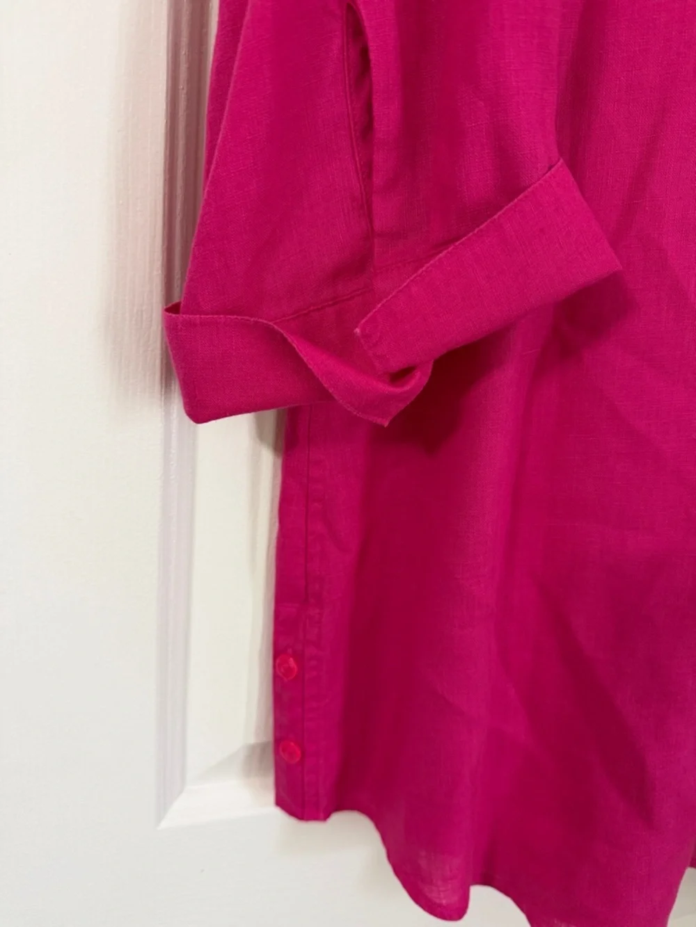 Chico's Bright Pink No Iron Linen 3/4th sleeve button front blouse - Picture 2 of 7